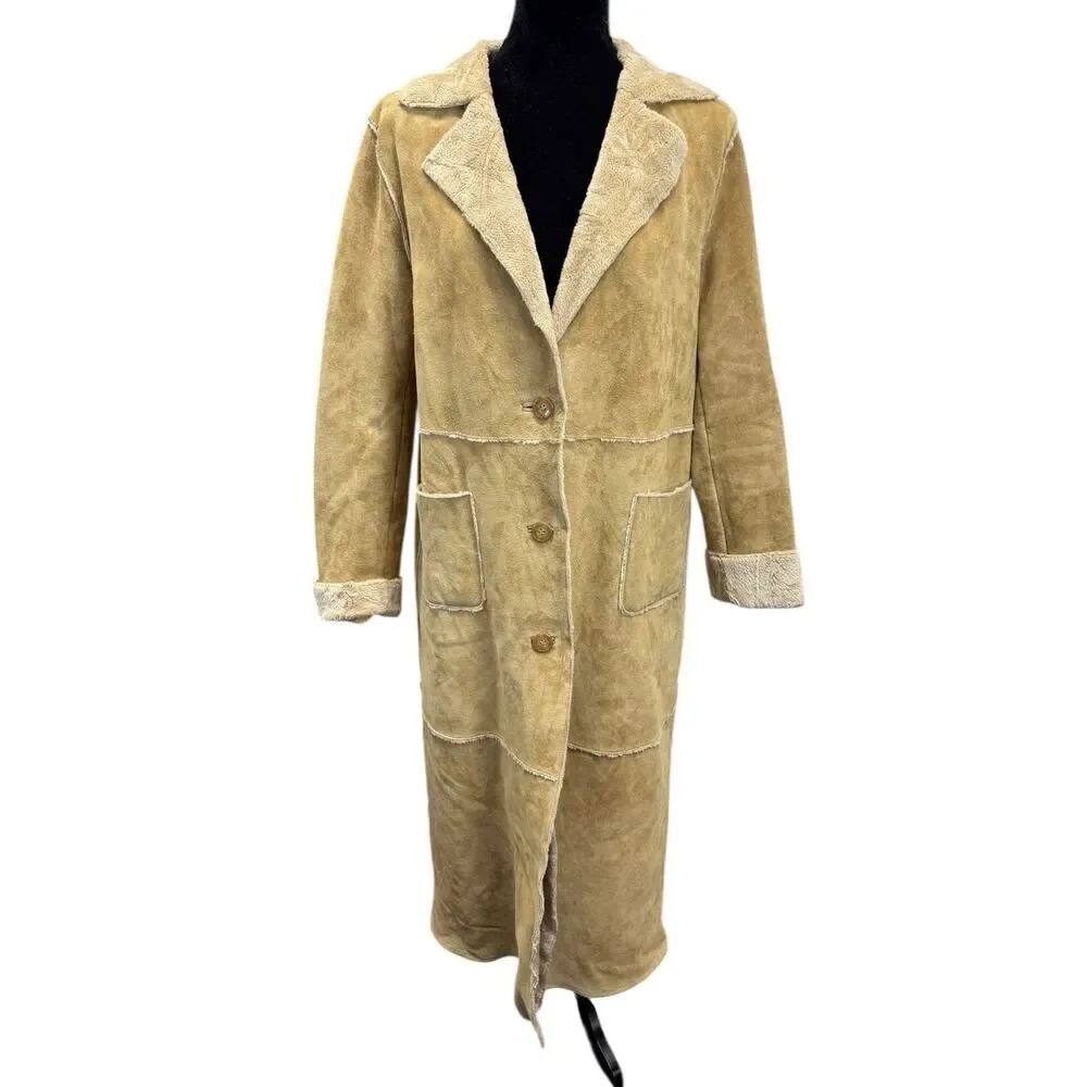 GUESS Y2K Vintage Suede Penny Lane Coat Shearling Lined Tan Brown Size L